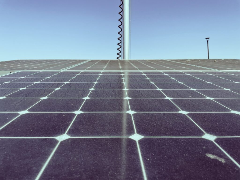 Detailed view of solar panels capturing sunlight, showcasing renewable energy technology.